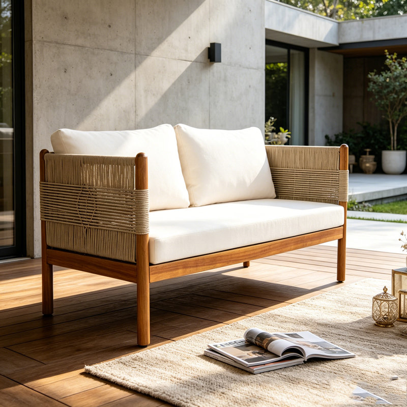 Outdoor Acacia Wood Loveseat Sofa, Beige,Cream,Teak