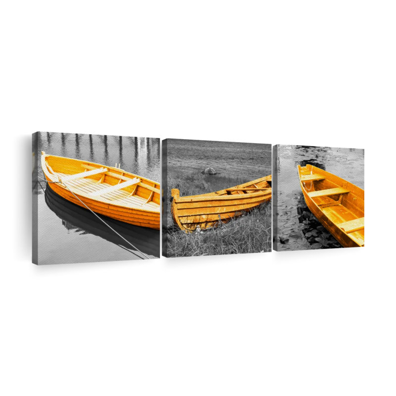 Ensemble de 3 bateaux pop jaunes sur toile, H 24 po x l 74 po x P 1,25 po
