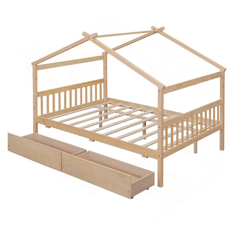 Lit en bois avec tiroirs, Naturel