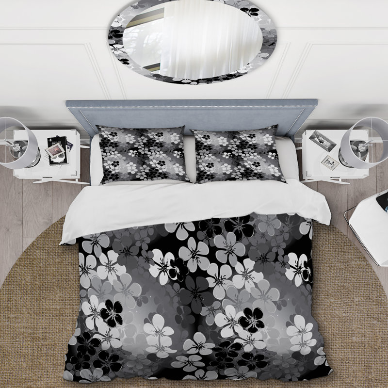 Fleurs noires et blanches - Ensemble de housse de couette floral - Polyester microfibre