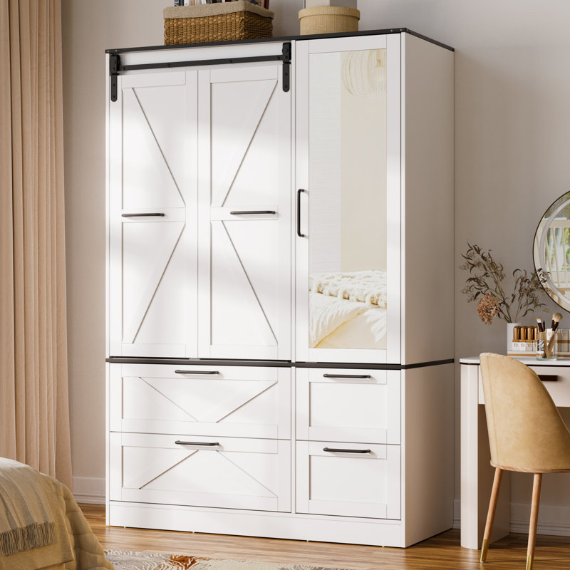 Armoire-penderie 3 portes avec miroir, porte de grange coulissante et capteurs