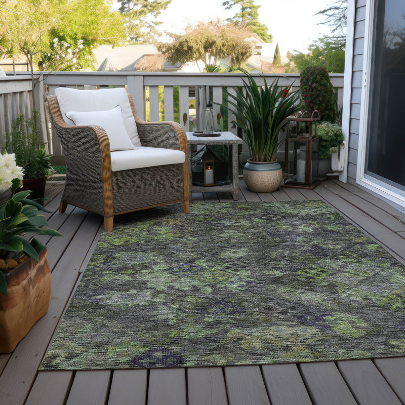 Green Floral Washable Synthetic Indoor Outdoor Area Rug
