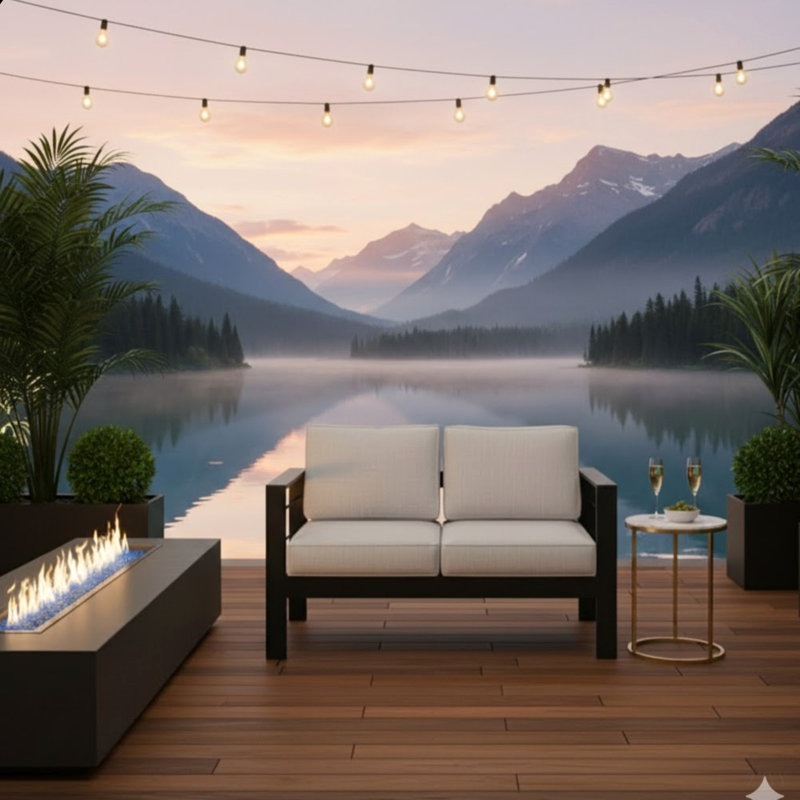 Causeuse de terrasse en aluminium toutes saisons de 50 po avec coussins épais, Gris, Noir
