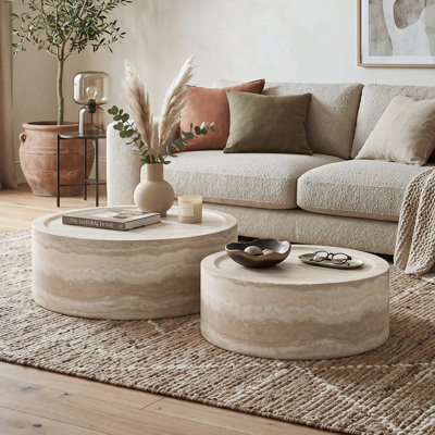 Ensemble de table basse ronde 2 pièces Gemma aspect travertin