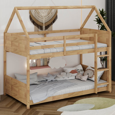 Lit superposé simple au-dessus d'une chambre simple avec têtes de lit et pieds de lit, cadre en bois d'hévéa, sans sommier, avec échelle et garde-corps