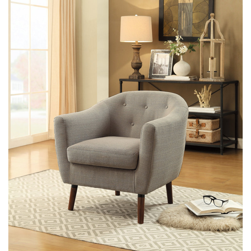 Style Mid-Century, tissu beige, fauteuil d'appoint rembourré, dossier à boutons, pieds en cerisier apparents, bois massif et noyau en contreplaqué