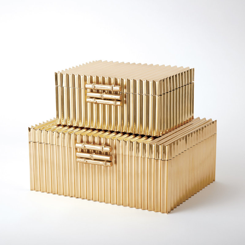 Corrugated Bamboo Handmade Wood Decorative Box, 4" H x 9" W x 6" D, Brass