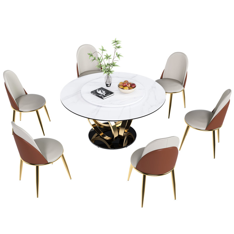 Table de cuisine ronde de 53 po, table tournante exquise rotative à 360 °, pierre frittée à la chaleur, design américain, 6 sièges, table de salle à manger blanche, plateau en pierre, convient à l'or et au noir