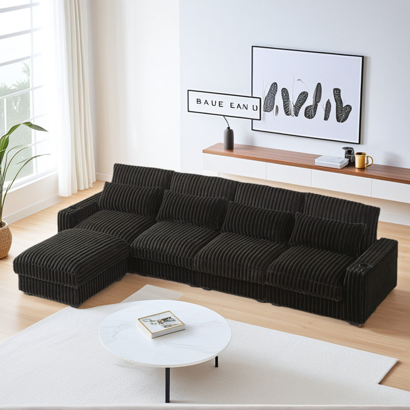 L-Shaped Corduroy Modular Sectional Sofa Couch with Movable Ottoman, Black Corduroy