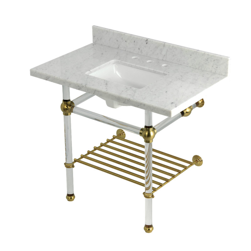 Kingston Brass Templeton 36-Inch Carrara Marble Console Sink with Acrylic Legs and Shelf (8-Inch, 3-Hole), Brushed Brass