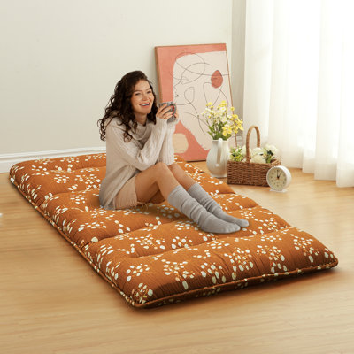 Matelas de futon de sol pliable, tapis de couchage portatif multicouche de 4 pouces, imprimé floral orange pour les chambres d'amis et les voyages