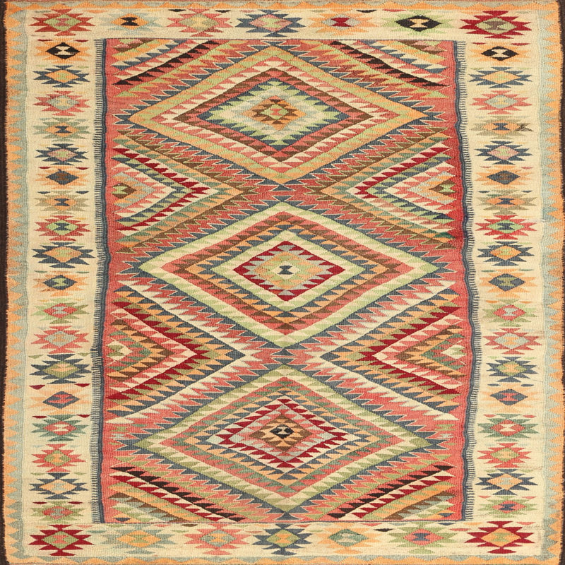 Tapis contemporain rouge / gris / safran, Carré 5 pi