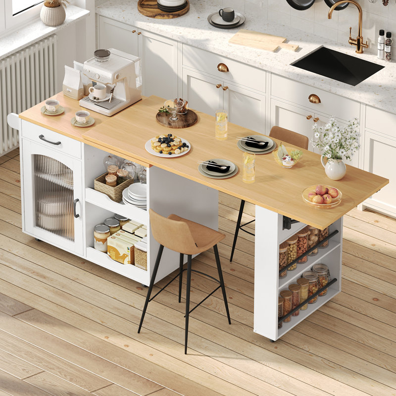 Îlot de cuisine l 74,8 po avec table pivotante à 360 ° extensible et station de charge, îlot de cuisine roulant avec tablettes de rangement latérales et support à verres à vin, roulettes verrouillables
