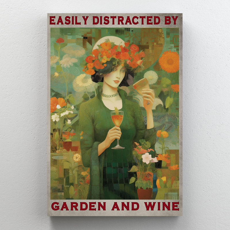 Femme, jardin et vin sur toile, impression, H 36 po x l 24 po x P 1,25 po
