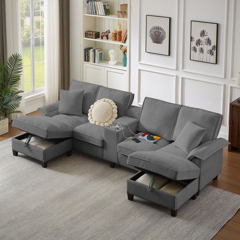 Canapé modulaire en velours côtelé avec rangement Jilisa, Velours côtelé gris