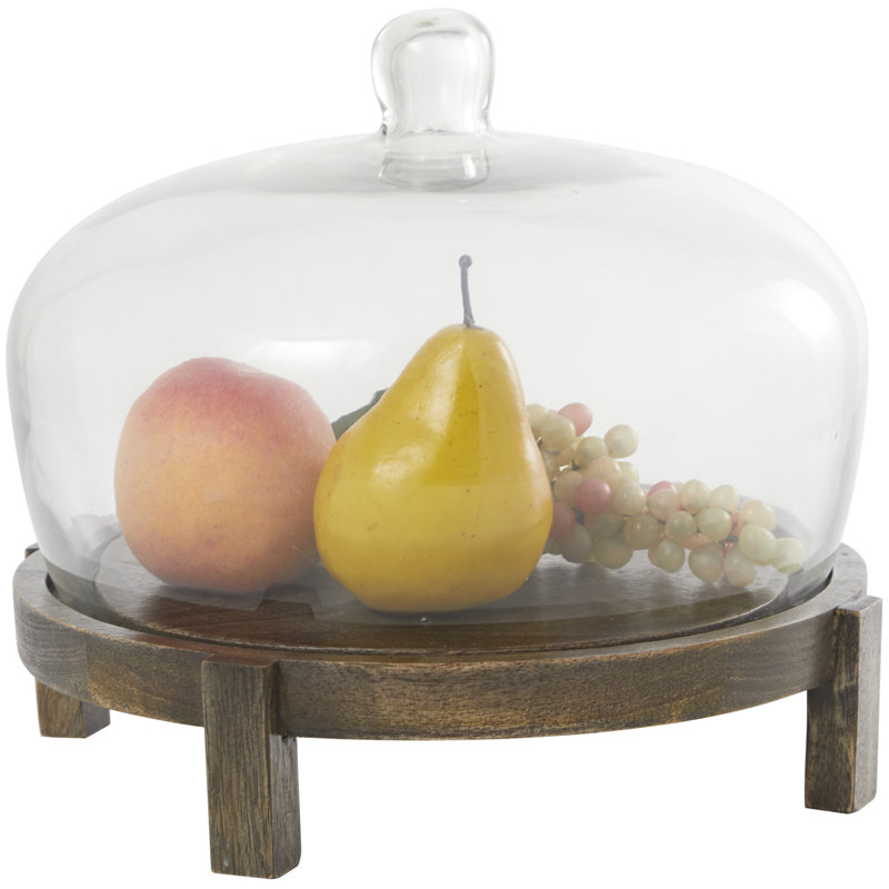 Présentoir à gâteaux en bois de manguier avec cloche en verre, Brun