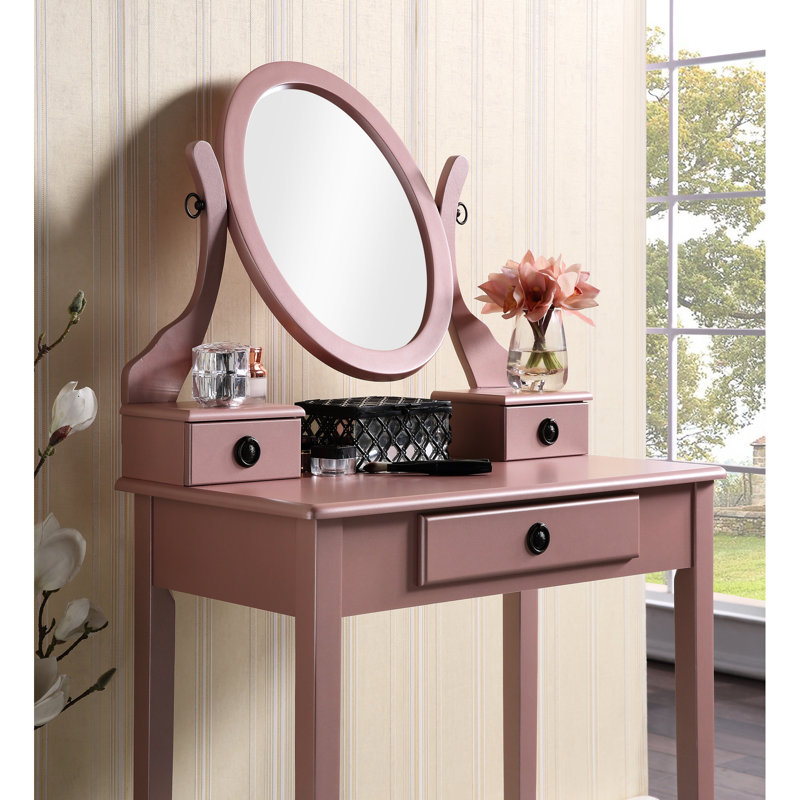 Rose Gold Vanity Table And Seat , Wood - 3 Storage Compartments, Adjustable Oval Mirror, Generous Tabletop For Beauty Items, Padded Stool Makeup With Stool, Glow Drawers Jewelry Storage, Smooth
