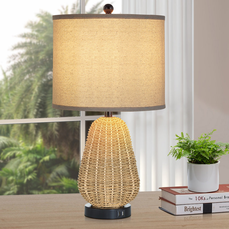 Inaya 22.8 in. Rattan Table Lamp with Dual USB Ports