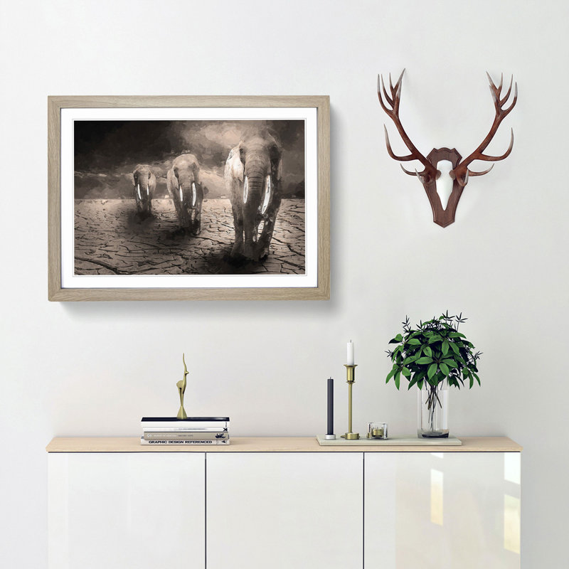 Trio of Elephants in Abstract - Picture Frame Graphic Art Print, Oak, 40cm H x 60cm W x 2cm D