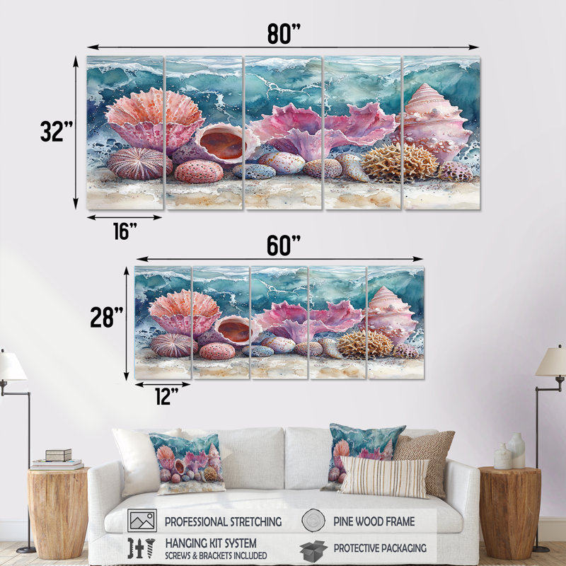 Rose et bleu plage poterie tempête - ensemble de salon d'art mural de poterie de plage, H 32 po x l 80 po