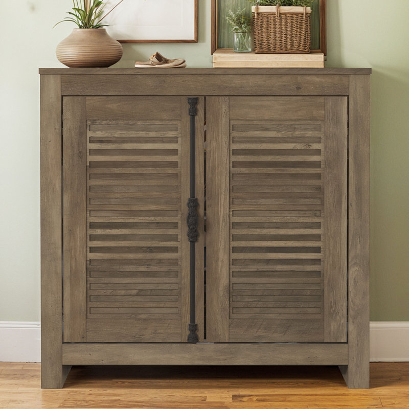  Malyha Farmhouse Louvered 2 Door Shoe Cabinet, Knotty Oak