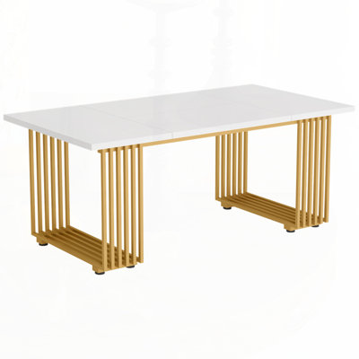 Bureau de direction moderne 70,9 po, grand bureau d'ordinateur blanc avec pieds en métal doré