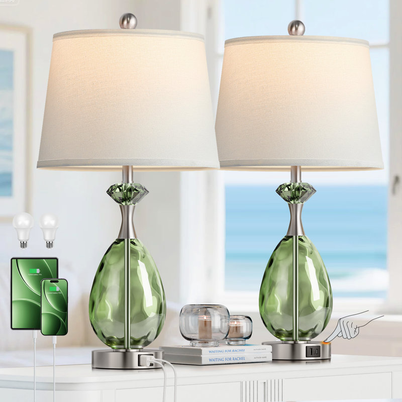 Ensemble de 2 lampes de table 26 "en verre, 2 lampes de chevet à contrôle tactile 3 ports avec ports USB A + C, Vert