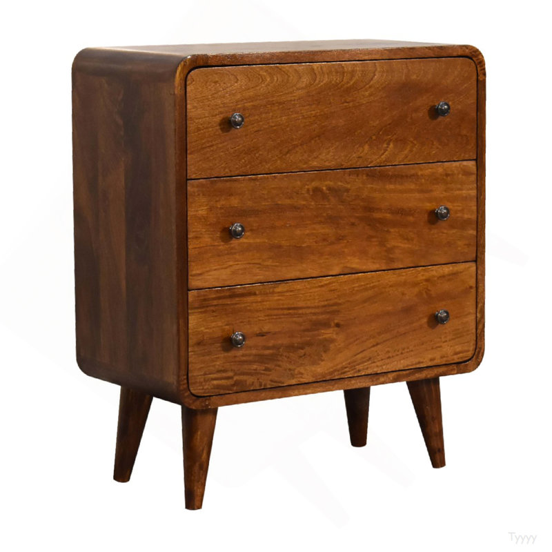 Petite commode courbée en bois massif à 3 tiroirs avec pieds nordiques