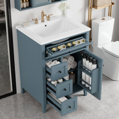 24" Bathroom Vanity with Sink, MDF & Rubberwood Construction, 3 Drawers & Cabinet with Adjustable Shelves, Glossy White Finish, Modern Freestanding Vanity for Small & Medium Bathrooms
