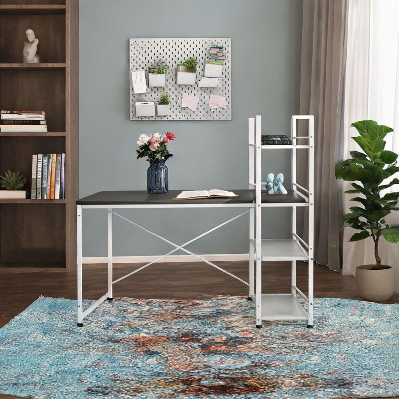 Bureau d'écriture avec bibliothèque réversible, panneau de fibres à densité moyenne blanc doux et brun, maximise les petits espaces dans un bureau personnel ou un dortoir