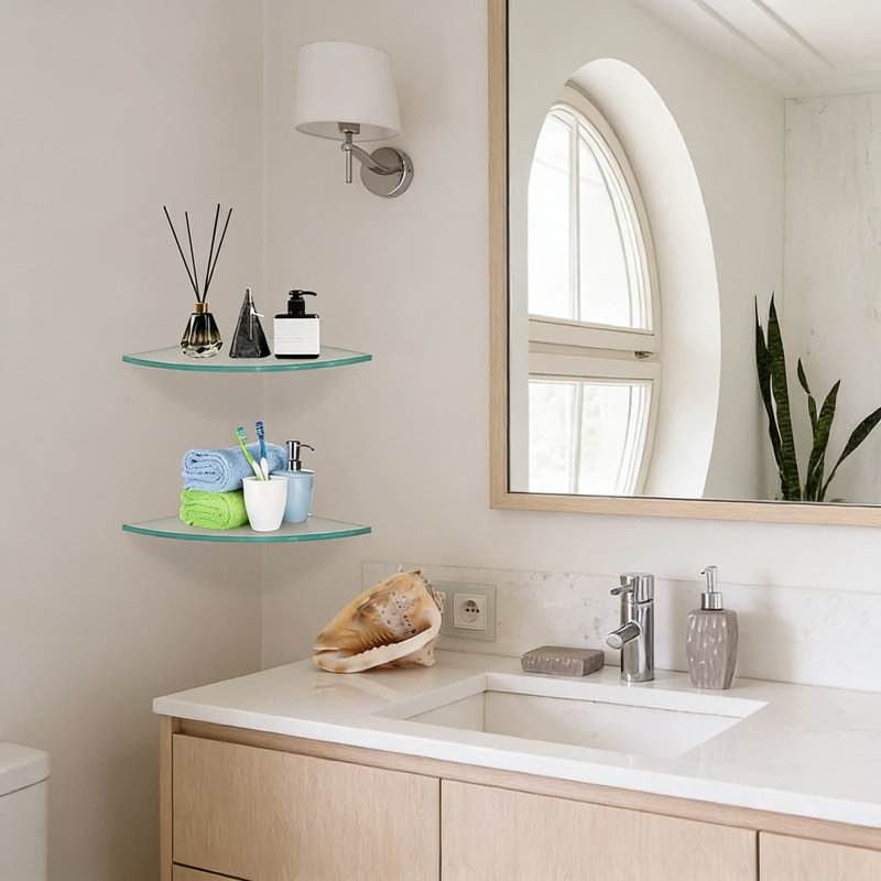 Ensemble de 2 tablettes d'angle en verre trempé avec supports, organisateur de rangement mural flottant pour la douche, la salle de bain et la cuisine