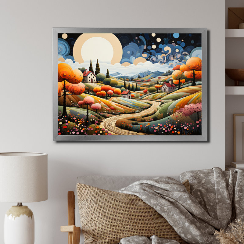 Maricha Farmhouse Farmstead Abstraction Pointillism III - impression, 16" H x 32" W, Gold Picture Framed