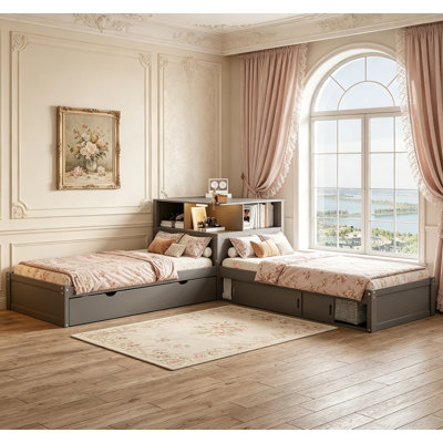 Twin Size L-Shaped Platform Bed With Storage, Desk, Trundle, And LED Light For Space-Saving And Multifunctional Use