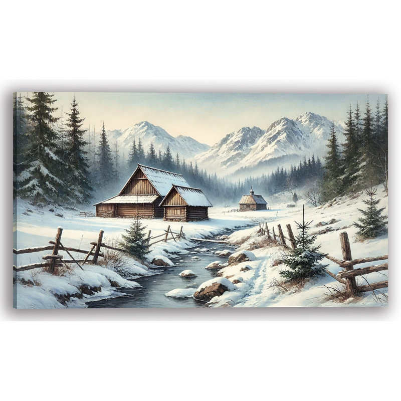 «Frozen Frontier: Snow-Covered Cabins» par Mountain Stream, H 20 po x l 36 po
