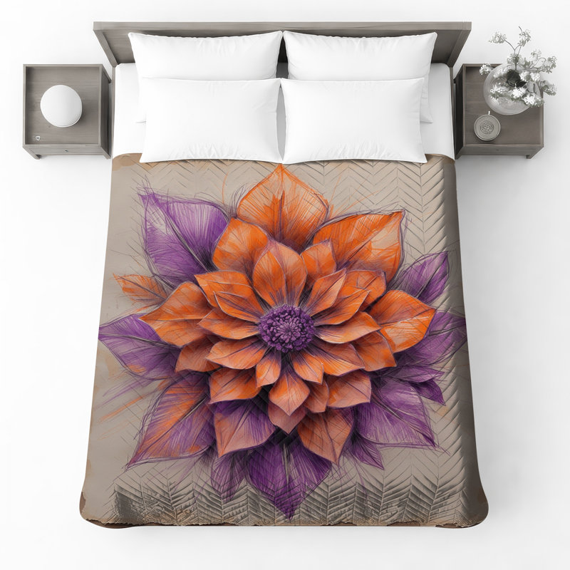Couvre-lit floral orange Dahlia Bedding, Très grand lit