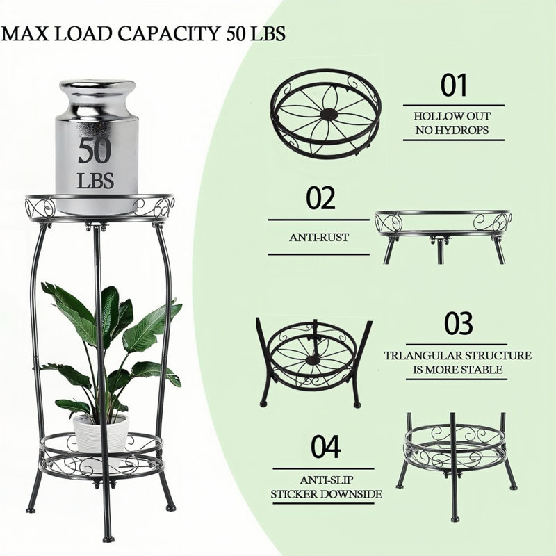 2-tier Metal Plant Stand For Indoor Plants, Rustproof Iron Plant Shelf, 27" Tall Corner Plant Holder For Outdoor Garden, Patio, Balcony Decor, Black