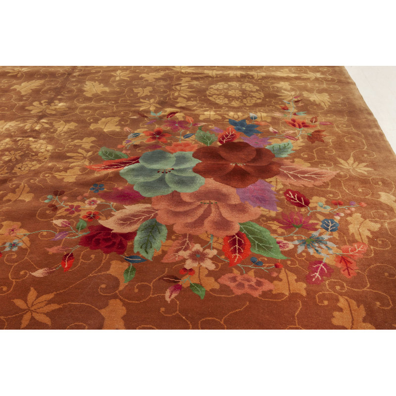 Tapis rouge en laine fait à la main 10 pi x 13 pi 8 po Vintage