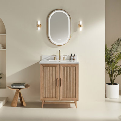 Meuble-lavabo de salle de bain autoportant 30 po entièrement assemblé en bois massif avec plateau blanc d'ingénierie entièrement assemblé