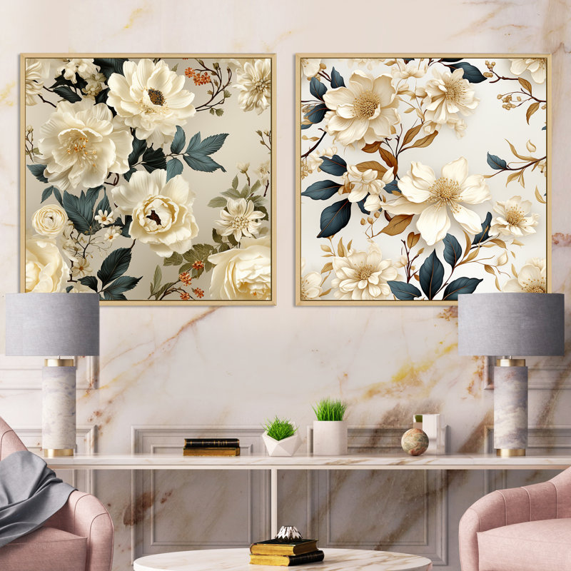 Anjou délicat d'inspiration botanique - ensemble de collage carré floral de 2, Cadre flottant brun, H 16 po x l 33 po