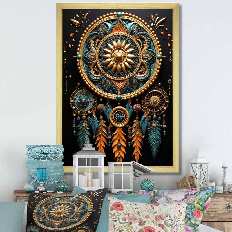 «Gold Dream Catcher Folklore Whispers II», reproduction d'art sur toile, Encadrement doré, H 40 po x l 30 po x P 1,5 po