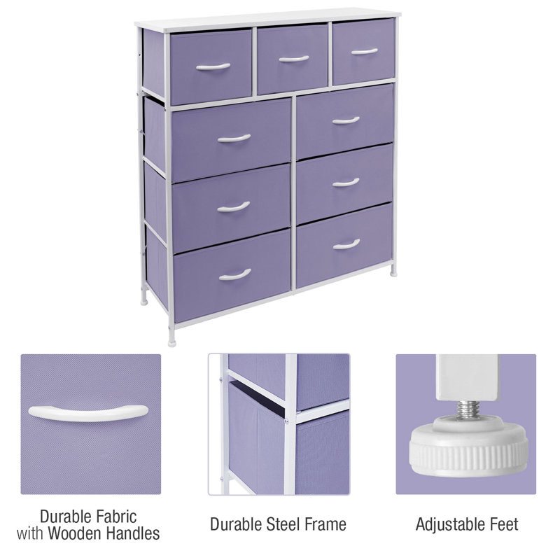 Sorbus 9 Drawers Dresser with Steel Frame and Wood Top, Purple/White