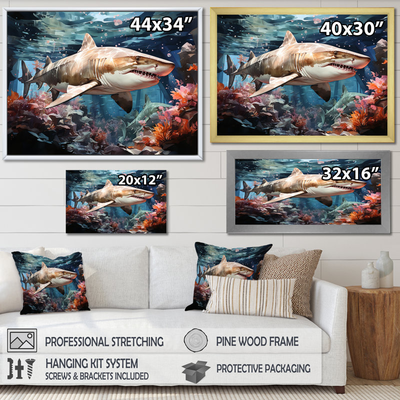 «Silent Hunter Sharks Portrait I», reproduction d'art mural plage et océan, Cadre flottant blanc, H 16 po x l 32 po x P 1 po