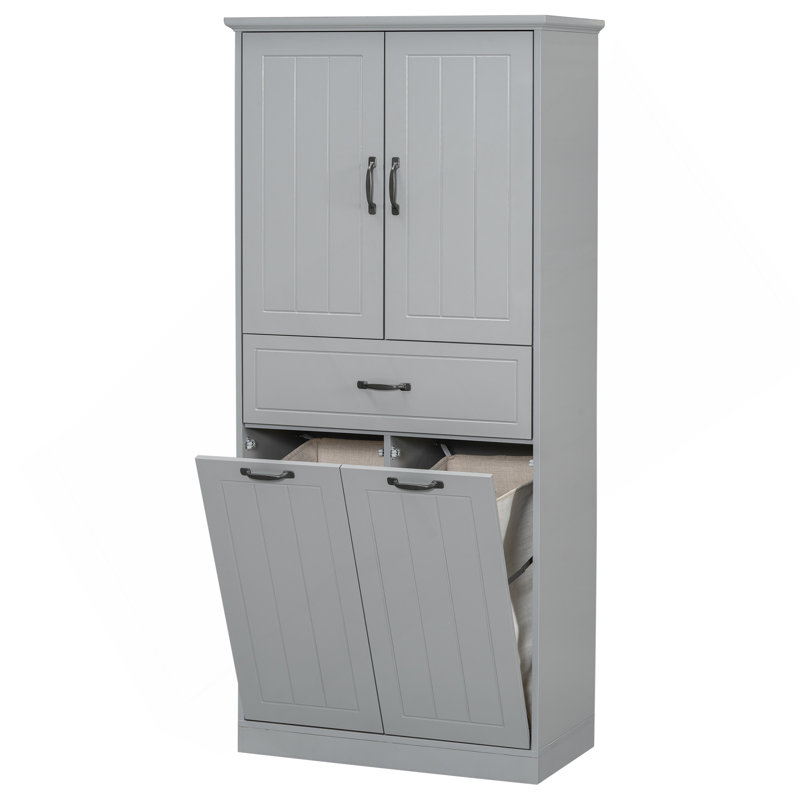 Bathroom Storage Cabinet With Two Laundry Baskets, Storage Cabinet With Doors And Drawer For Home, Grey, Gray