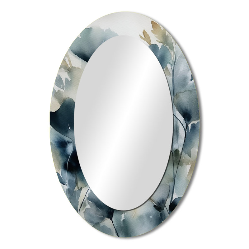 Miroir mural ovale à feuilles bleues II, 36 po x 24 po