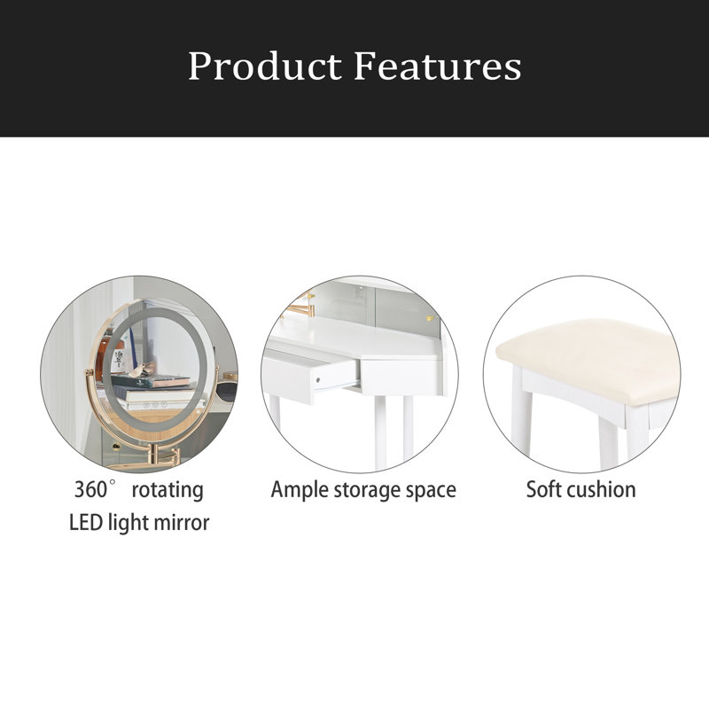 Meuble-lavabo de coin moderne avec grand rangement, miroir DEL et tabouret, luminosité réglable, peu encombrant