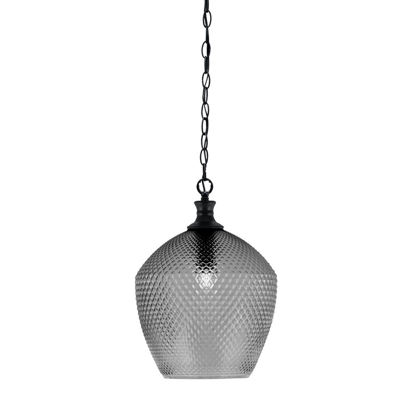 Luminaire suspendu Quapaw Zola avec verre texturé fumé 12 po, Noir mat