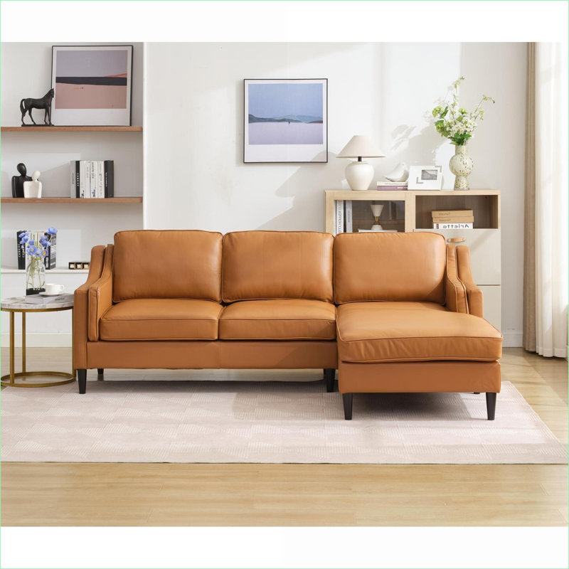 Canapés modulaires | Méridienne droite en L 94,5 pouces de style Mid-Century moderne pour salon et bureau | Brun clair brun clair | cuir véritable