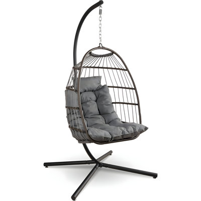 Hanging Egg Chair With Stand - Wicker Rattan Outdoor Swing Chair With Powder-Coated Steel Frame, Padded Cushion & Headrest - Ideal For Patio, Backyard, Or Indoor Use - Supports 350 Lbs