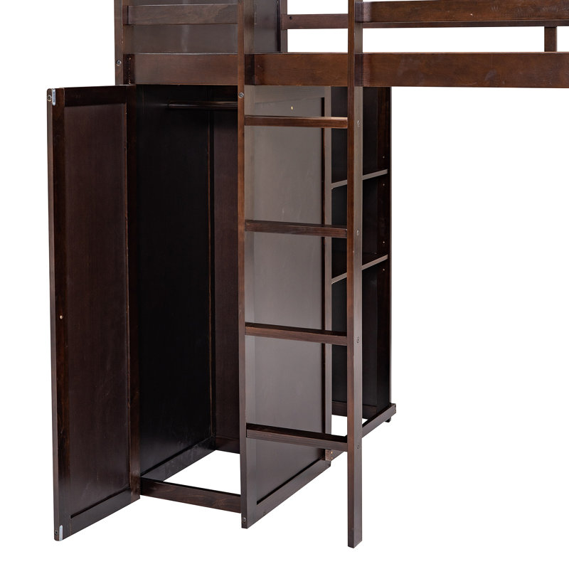 Lit mezzanine avec lit autonome, tablettes, bureau et garde-robe, Espresso, Lit simple