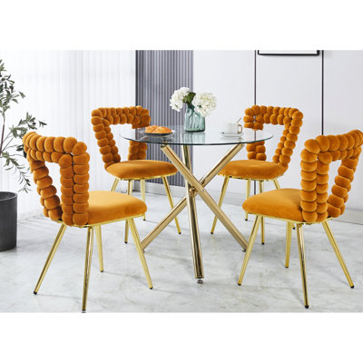 Chaises orange et dorées de 4 personnes: sièges confortables, structure en fer, convient à la salle à manger, au café au bureau
